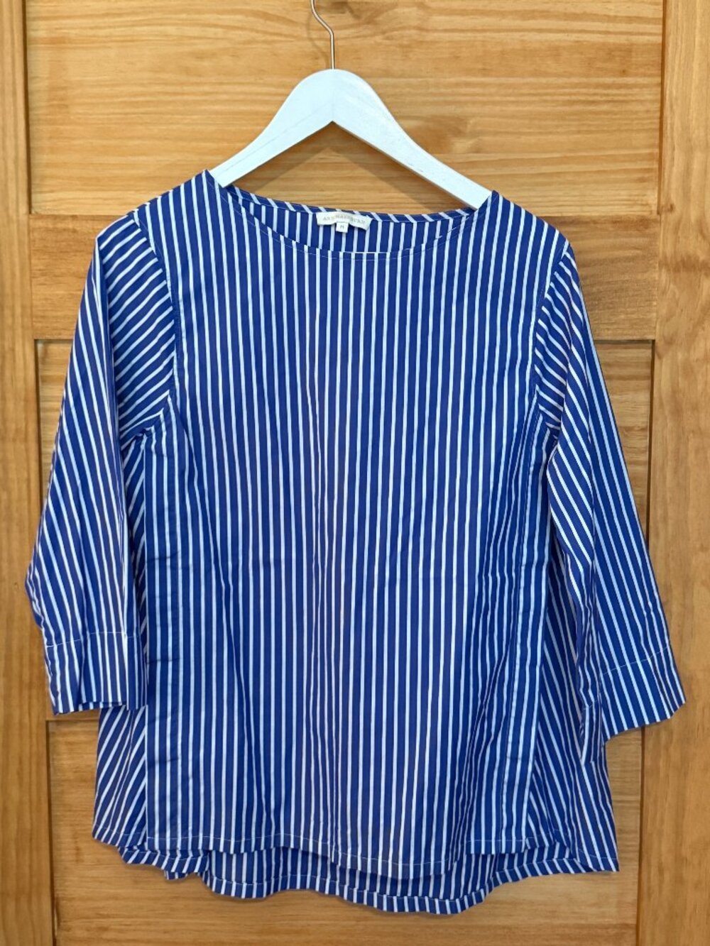 Ann Mashburn Blue White Striped Coastal Cotton Poplin 3/4 Sleeve Blouse size M